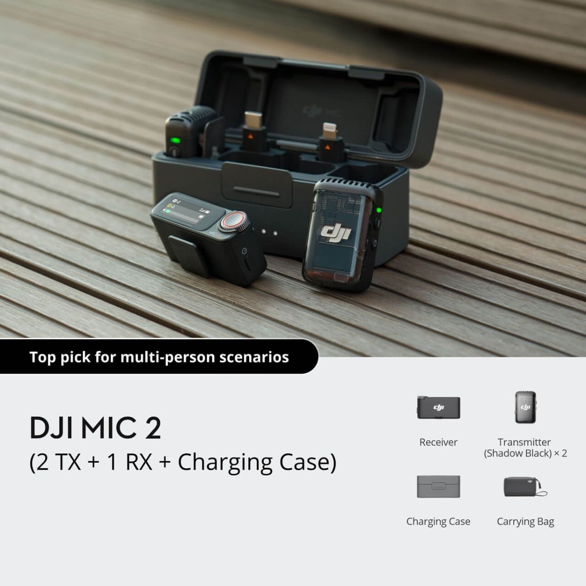  DJI Mic 2 (2 TX plus 1 RX and Charging Case) Wireless Lavalier Microphone